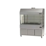 Επιδαπέδια ψησταριά κάρβουνου με σούβλες τρείς ατέρμονες και χοάνη και τρείς πλευρές τζάμια ΙΝΟΧ πίσω VKN-LGHG9 180χ110χ200 εκ