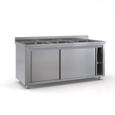 Επαγγελματική ανοξείδωτη λάντζα κλειστή 240χ70χ87 με 3 γούρνες 50χ50χ30 εκ ID-LANK240.3