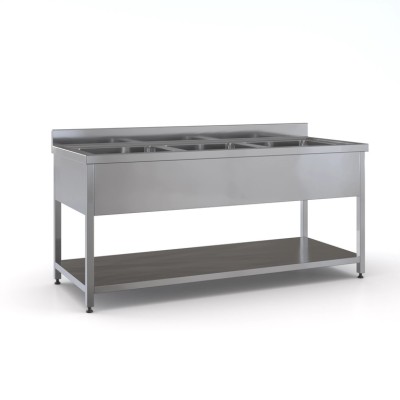 Επαγγελματική ανοξείδωτη λάντζα ανοιχτή 190χ70χ87 εκ με 3 γούρνες 50χ50χ30 ID-LANA190.3